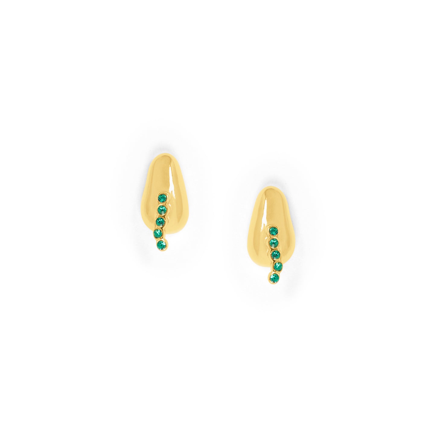 Gold earrings with green gemstones on a white background