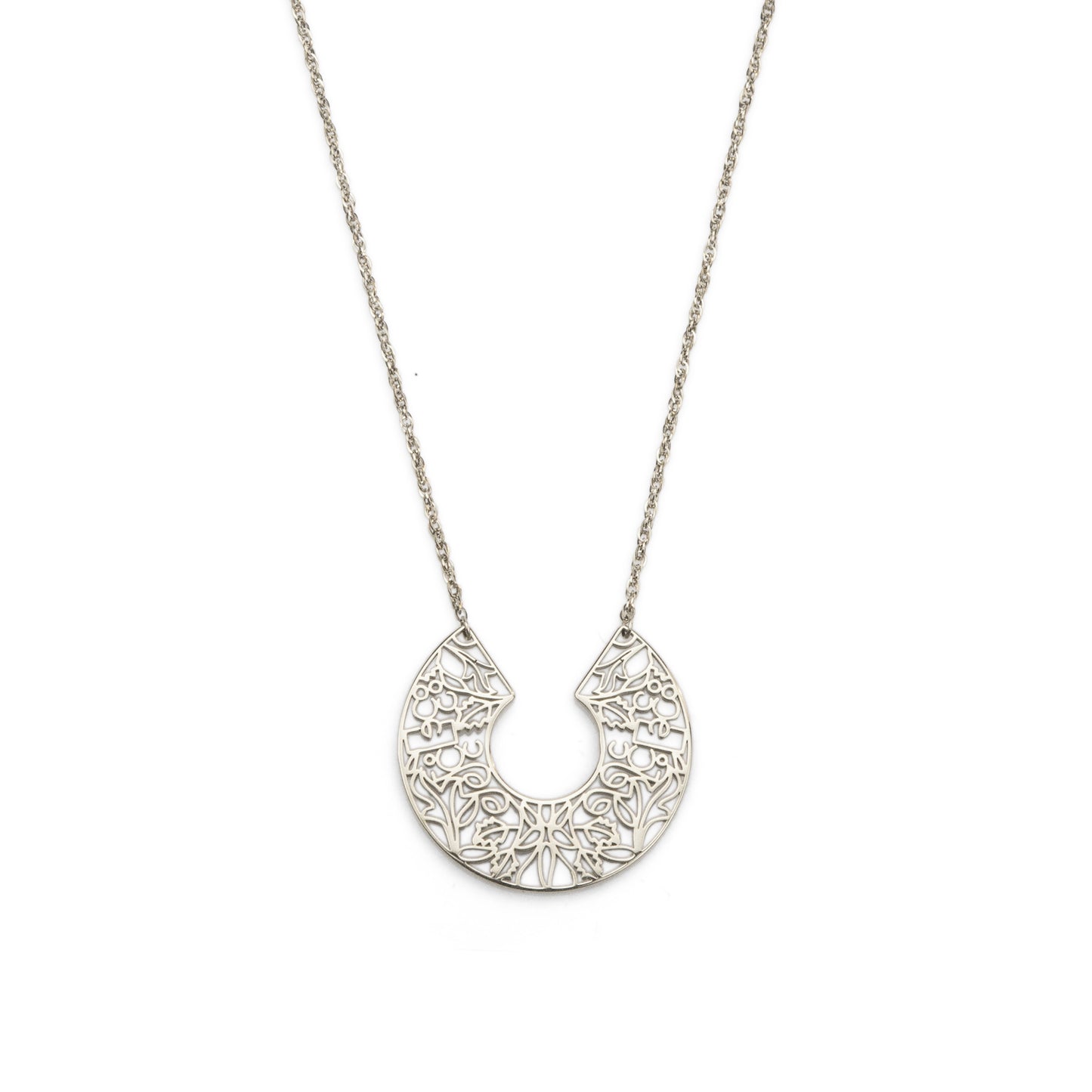 Silver necklace with a detailed half-circle pendant on a white background