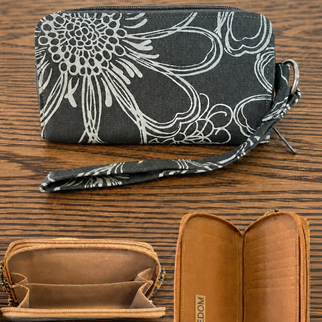 A black wristlet clutch with a white floral pattern is displayed on a dark wood background, alongside two tan leather zip-around wallet cases, one open and one closed.