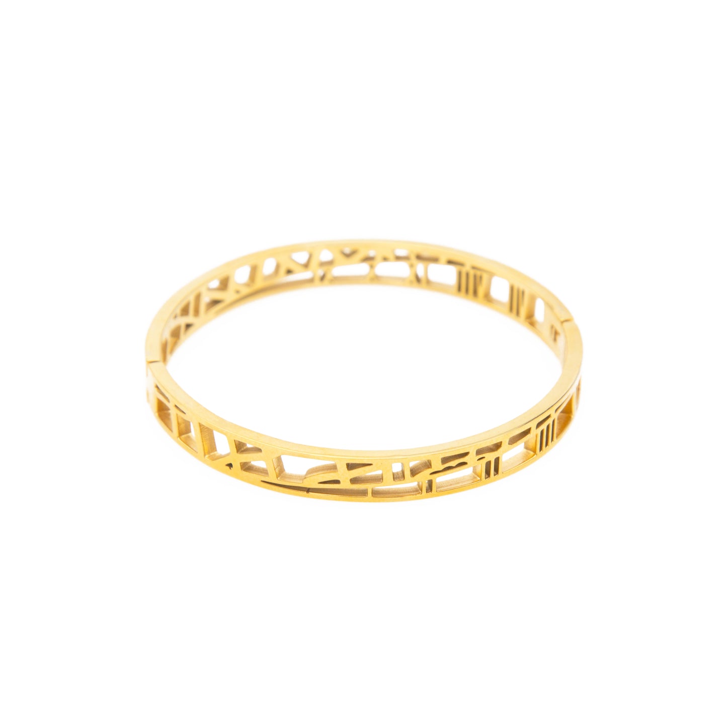 Gold bracelet with intricate design on a white background
