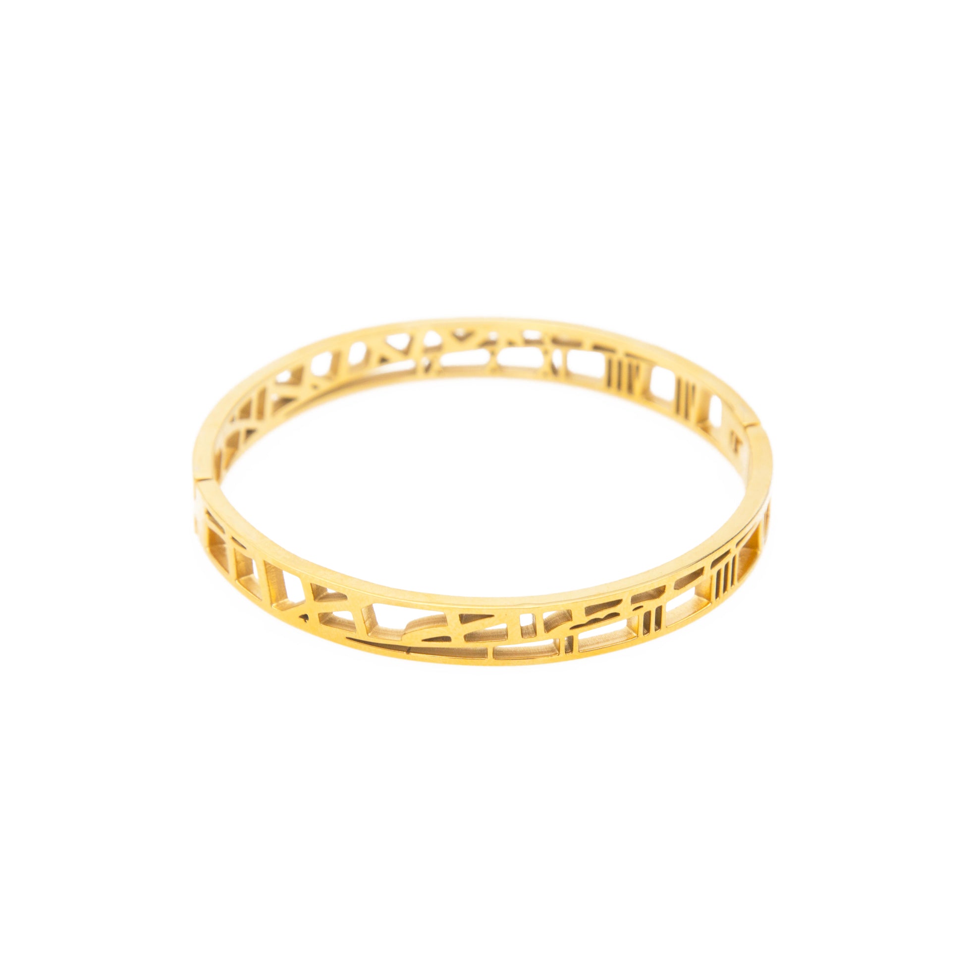 Gold bracelet with intricate design on a white background