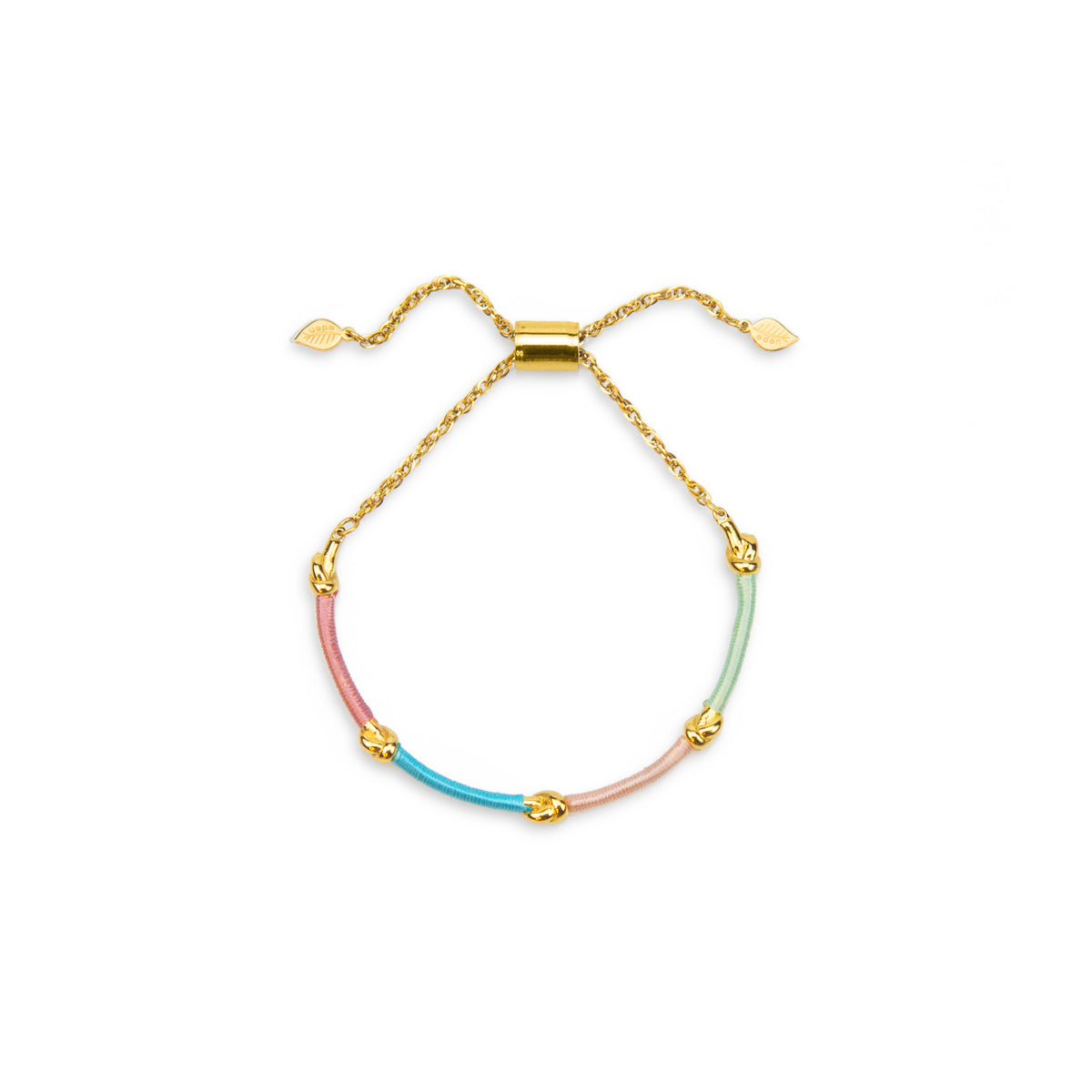 Multicolored bracelet with gold clasp on a white background