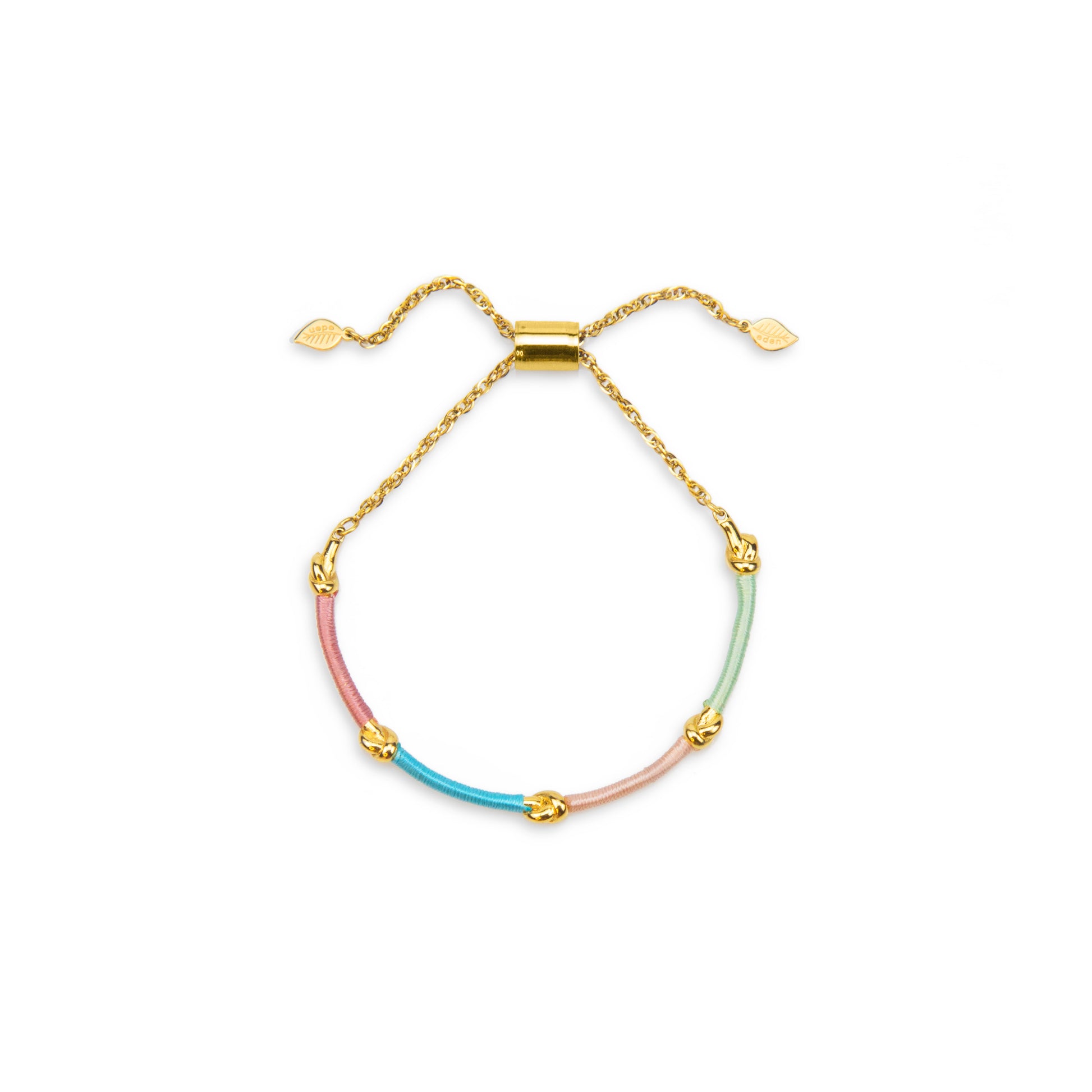 Multicolored bracelet with gold clasp on a white background
