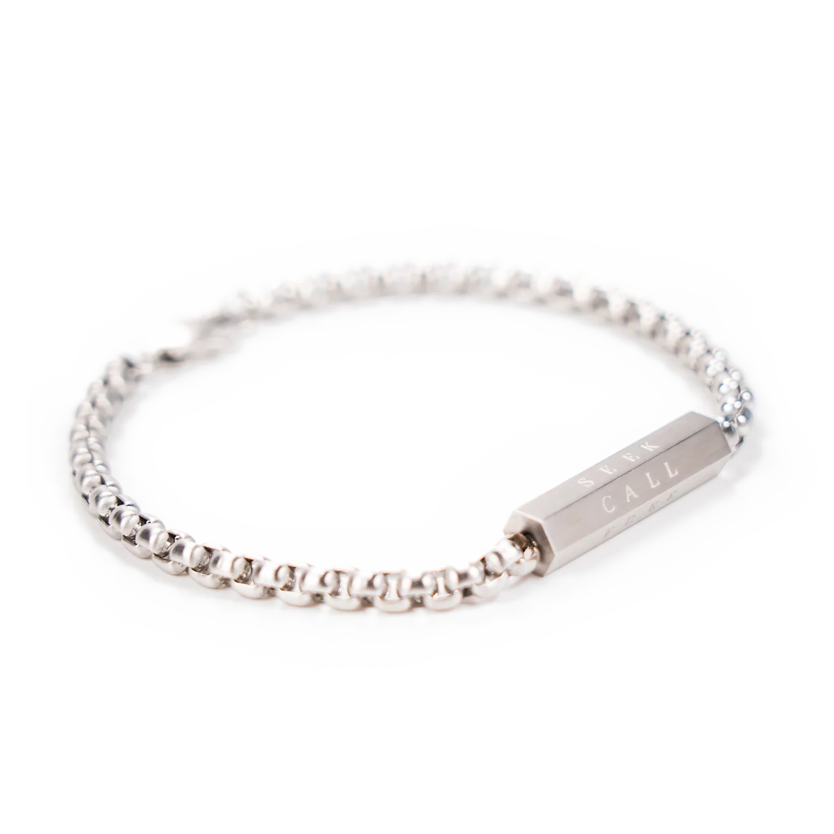Silver bracelet with a nameplate on a white background