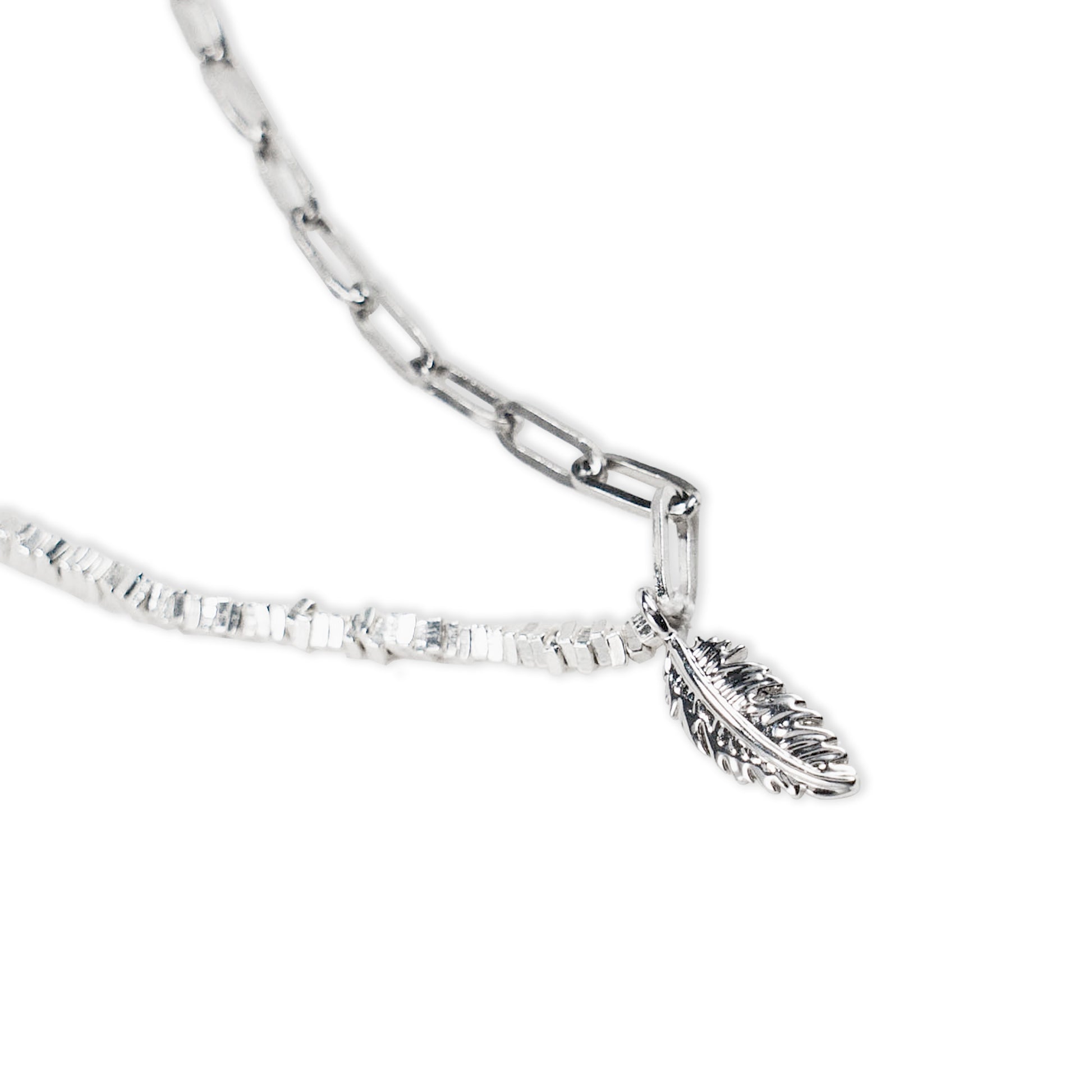 Silver bracelet with a feather charm on a white background