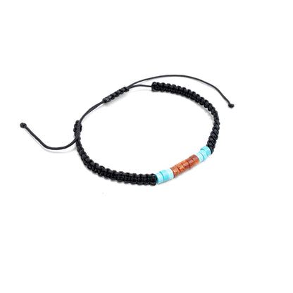 Black beaded bracelet with colorful beads on a white background
