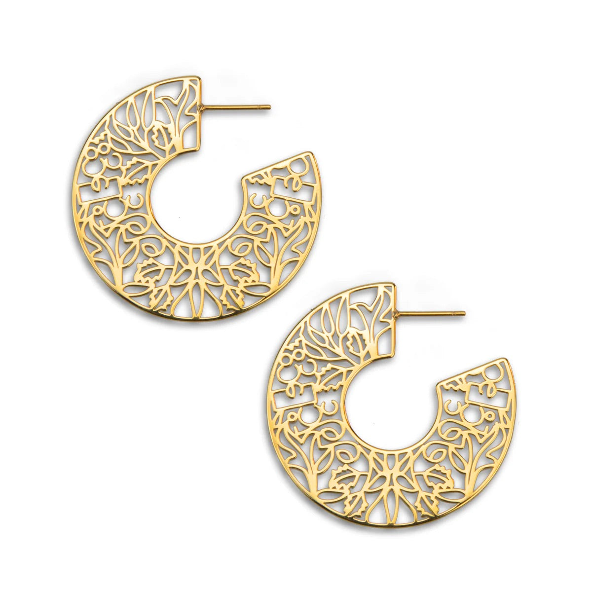 Gold hoop earrings with intricate patterns on a white background
