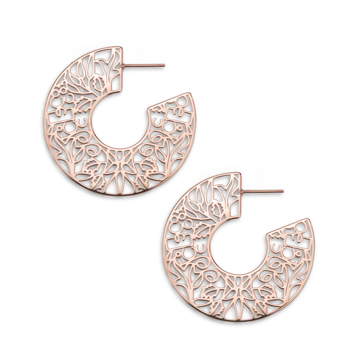 Rose gold hoop earrings with intricate designs on a white background