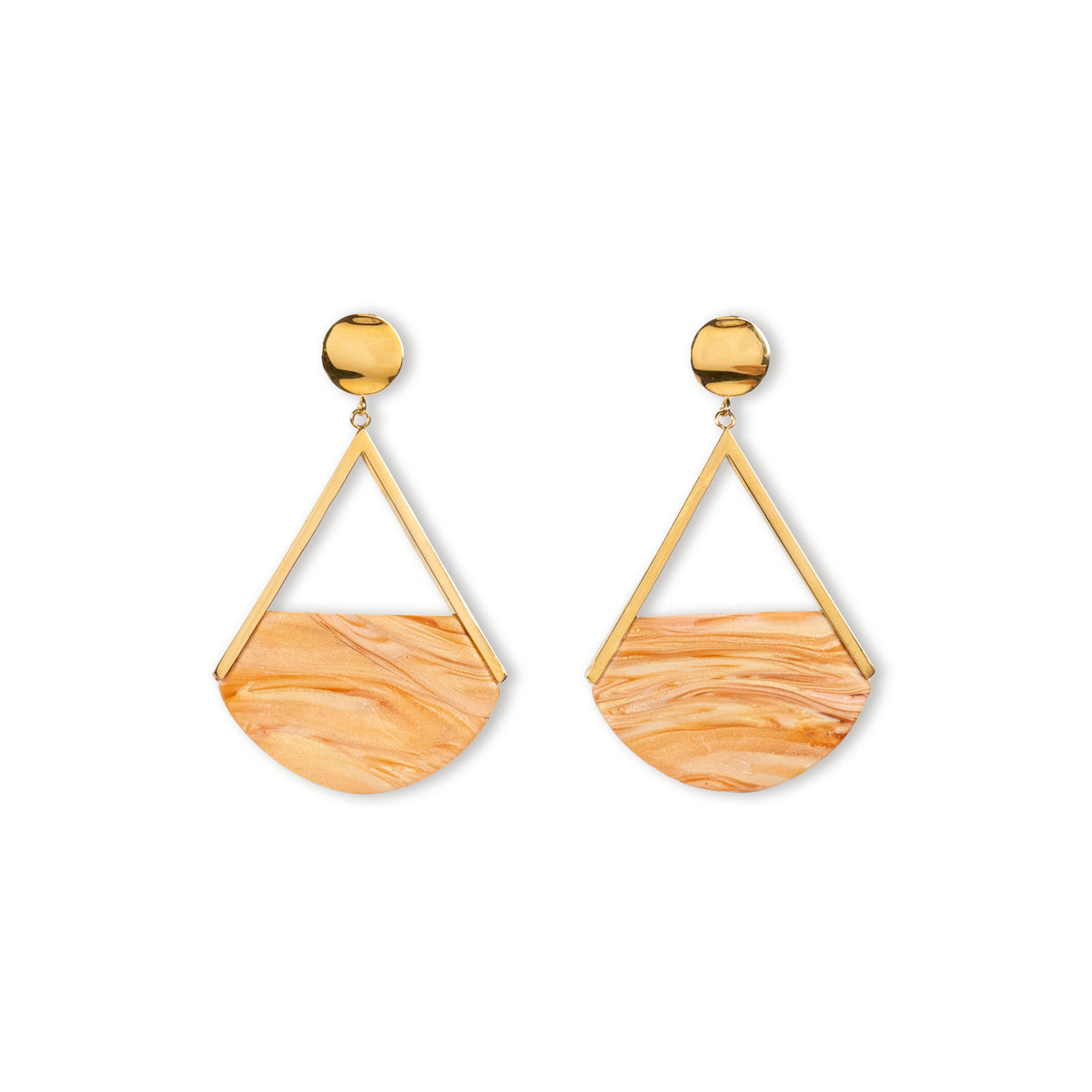 Gold earrings with wooden half-circle pendants on a white background