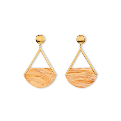 Gold earrings with wooden half-circle pendants on a white background