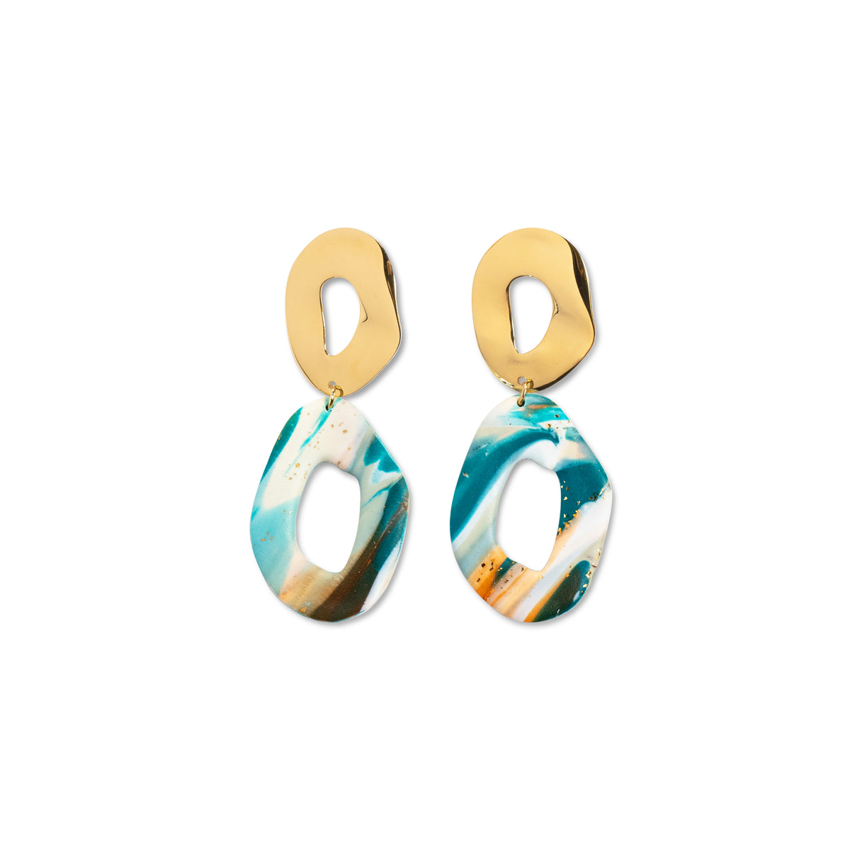 Gold earrings with marbled green and blue drops on a white background