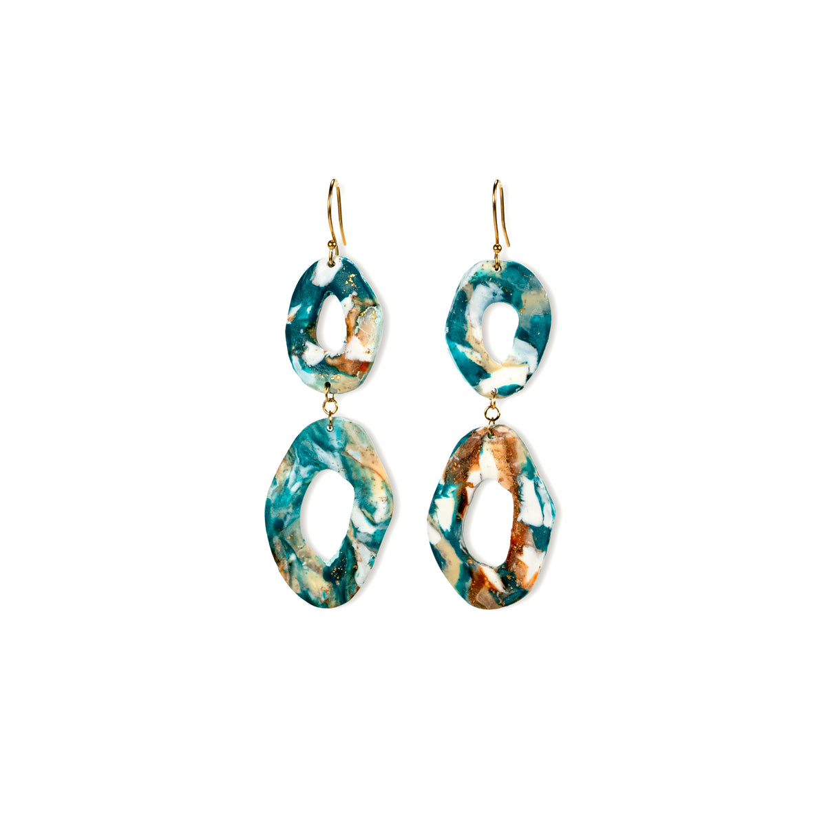 Marbled green and brown earrings on a white background