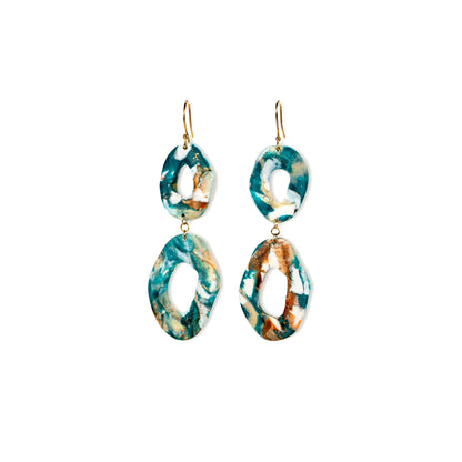 Marbled green and brown earrings on a white background