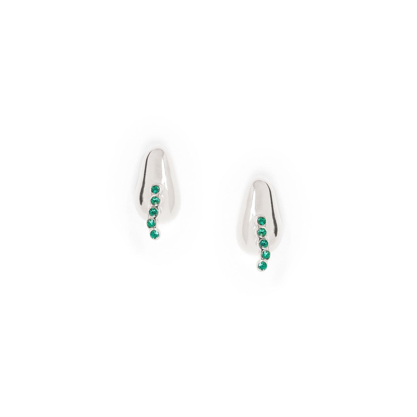 Silver earrings with green gemstones on a white background