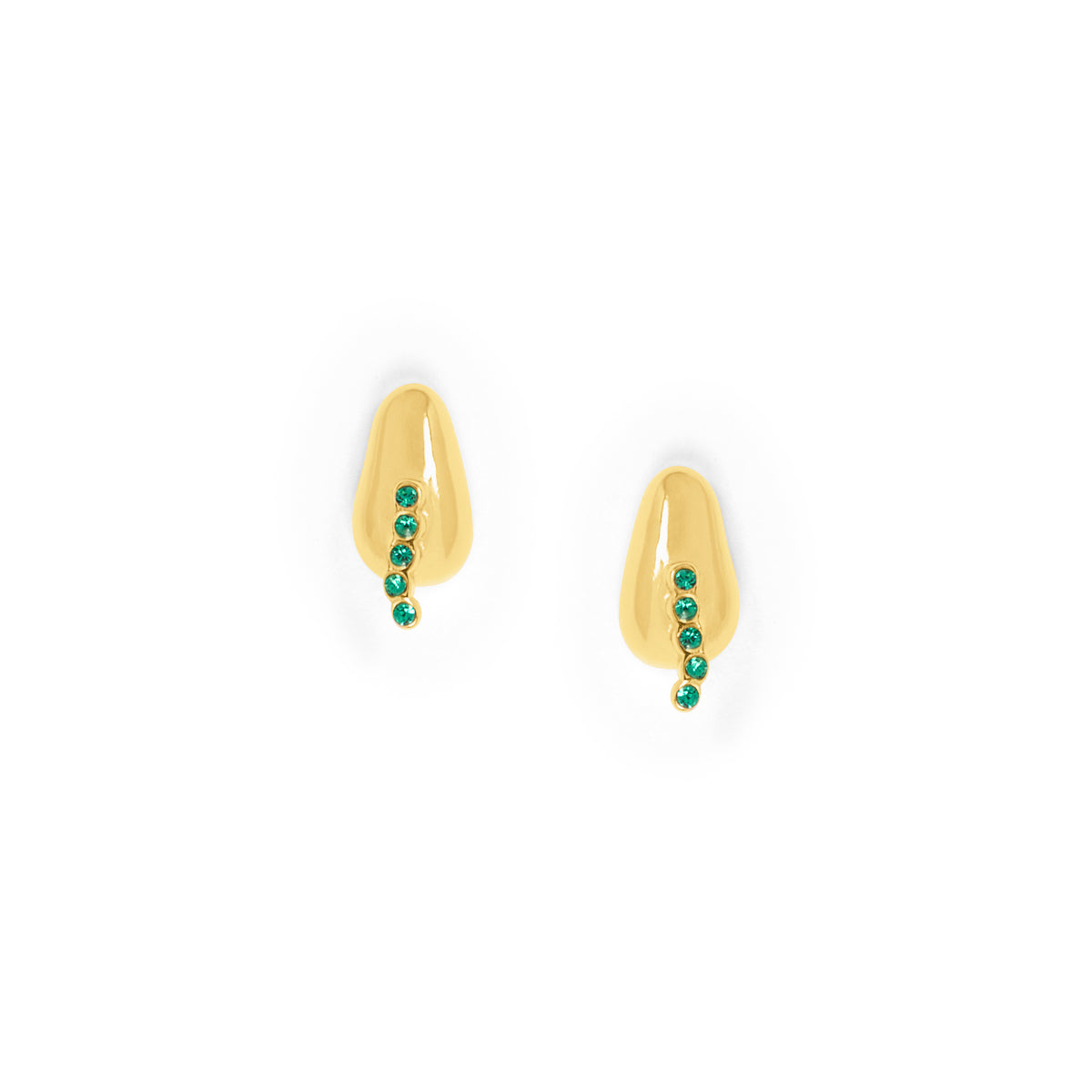 Gold earrings with green gemstones on a white background