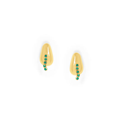 Gold earrings with green gemstones on a white background