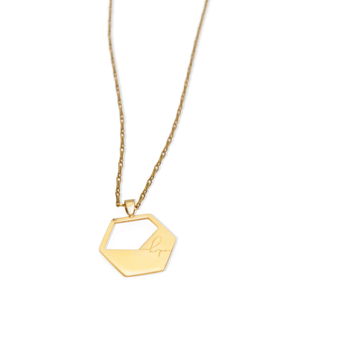 Gold necklace with a geometric pendant on a white background