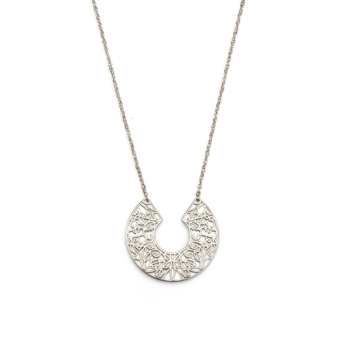 Silver necklace with a detailed half-circle pendant on a white background