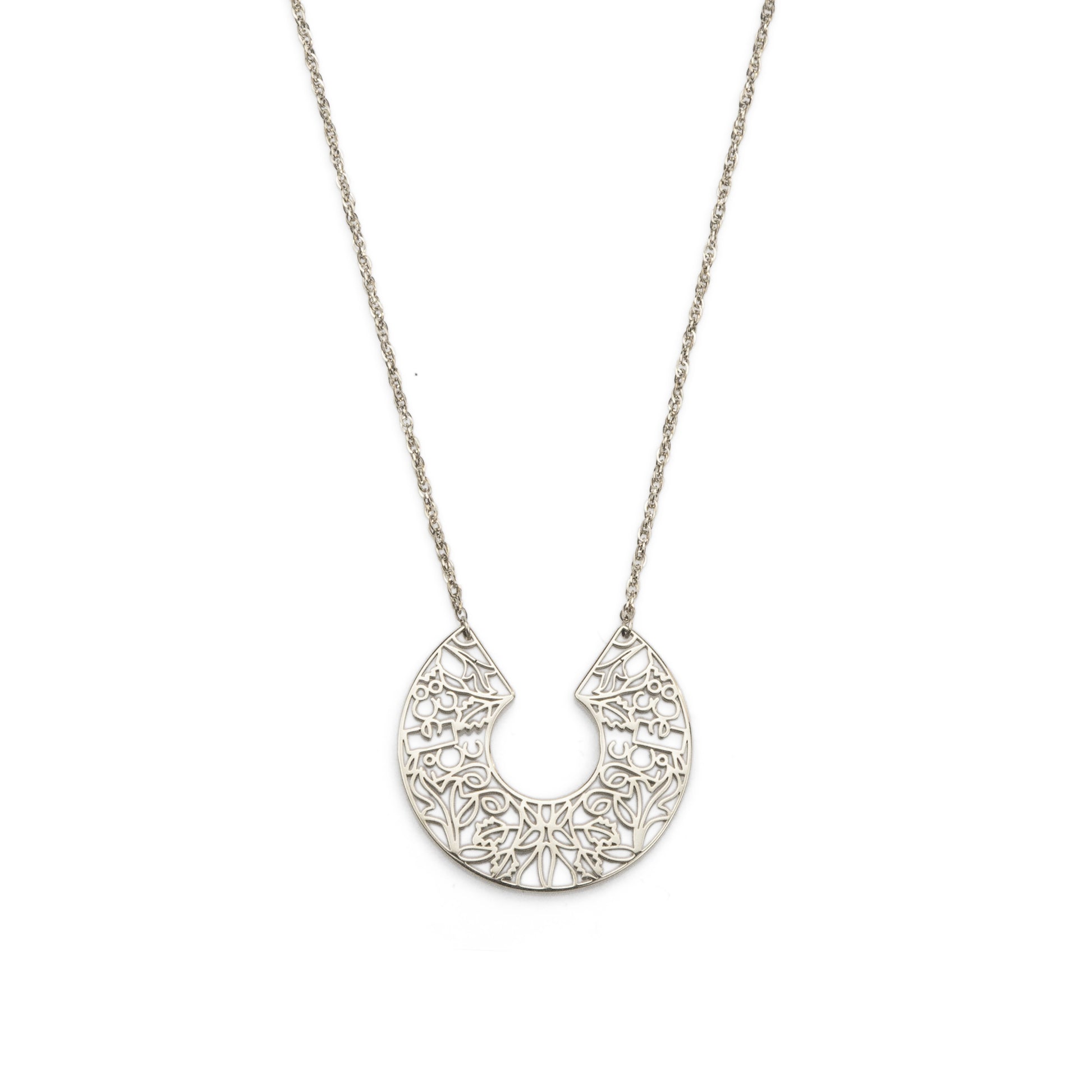 Silver necklace with a detailed half-circle pendant on a white background