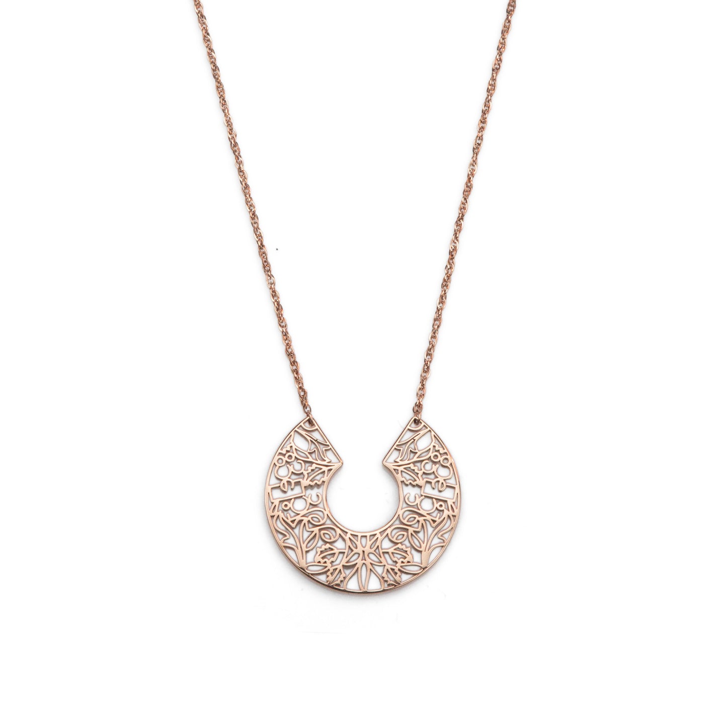 Rose gold necklace with a intricate pendant on a white background