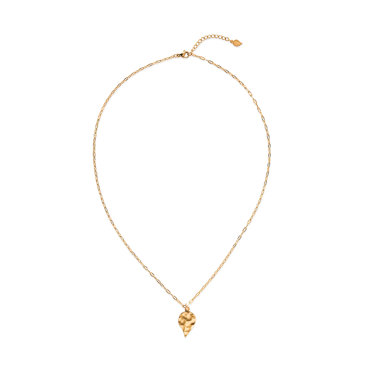Gold necklace with a small pendant on a white background