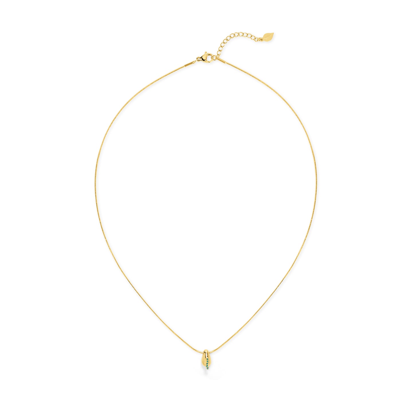 Gold necklace with a small pendant on a white background