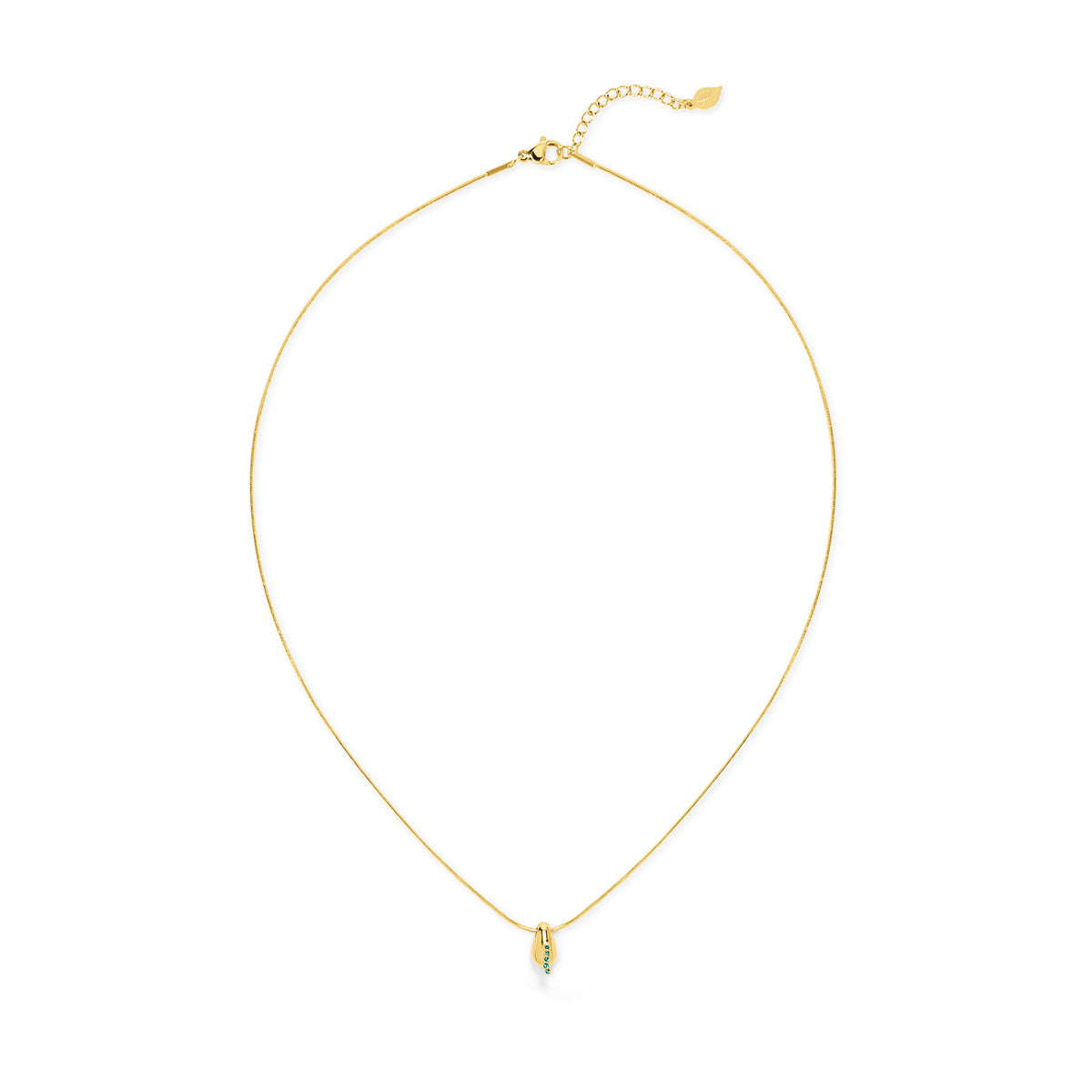 Gold necklace with a small pendant on a white background
