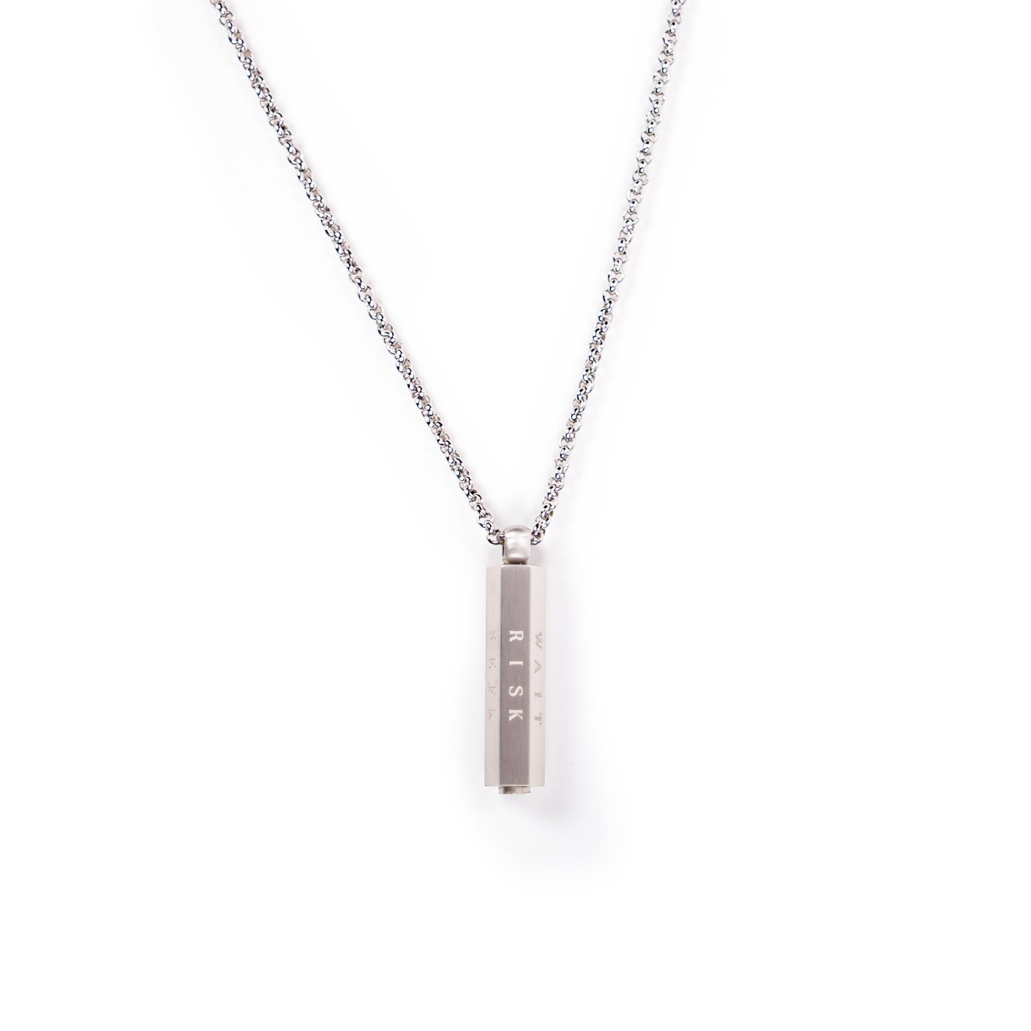 Silver necklace with a bar pendant on a white background