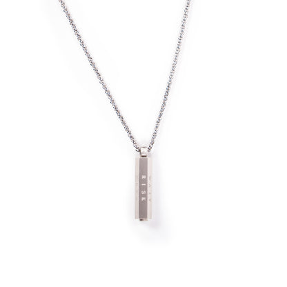 Silver necklace with a bar pendant on a white background