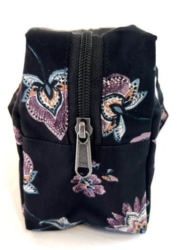 Black zippered pouch with floral patterns on a white background