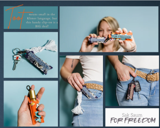 Collage of a person holding a 'For Freedom' clip with text and product images on a blue background.
