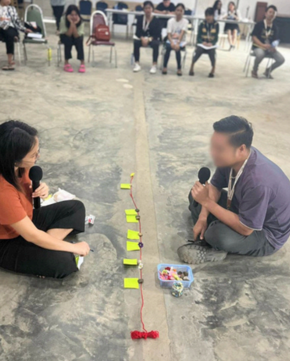 A man and a woman sit on the floor facing each other in a workshop or classroom setting, holding microphones. Between them is a long red string with small yellow sticky notes and tiny objects attached, while a small plastic basket of colorful items sits on the floor nearby.