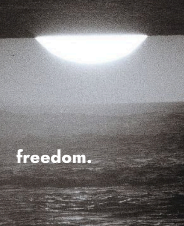 Black and white photograph of a bright sun or moon shining over a dark ocean, with the word 'freedom.' in white lowercase text near the lower left.
