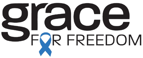 Logo for 'Grace for Freedom' with a blue ribbon symbolizing support for human trafficking survivors.