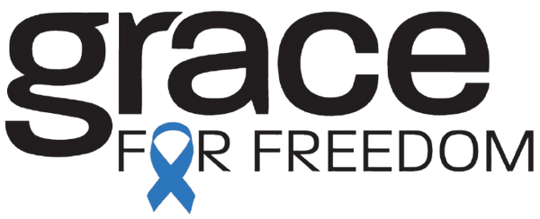 Logo for 'Grace for Freedom' with a blue ribbon symbolizing support for human trafficking survivors.