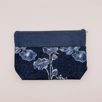 Blue pouch with floral pattern on a light gray background